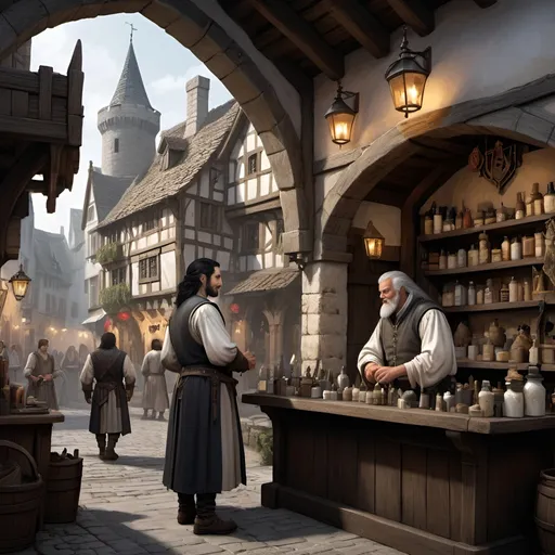 Prompt: Detailed DND elder barber in medieval city landscape, black hair with white skeins, barber clothes, behind a sales table, murky lighting, medieval streets, medieval buildings, many inhabitants in background, high quality, detailed, medieval, fantasy, detailed hair, traditional, atmospheric lighting, detailed scenery