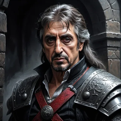 Prompt: Al Pacino, Detailed DnD fantasy art of a heroic male rogue, black eyes, thick long tousled silvergrey hair  traditional detailed oil painting, low body fat, intricate detailed black leather armour, detailed black belts, in dramatic lighting backroom background, dark vibrant colors, high quality, game-rpg style, epic high fantasy, traditional art, dramatic dark lighting, heroic rouge, fascinating, high quality details, atmospheric lighting, highres, fantasy,  immersive, murky tones, medieval, mysterious, foggy, moody atmosphere