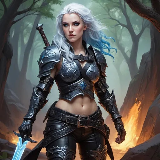 Prompt: Alissa White Gluz, Detailed DnD fantasy art of a heroic female dnd Air Genasi Ranger,  traditional detailed painting, intricate small black leather armor, detailed black belts, dramatic lighting, vibrant colors, high quality, game-rpg style, epic fantasy, traditional art, detailed dark leather armor, dramatic lighting, heroic ranger, fascinating, low body fat, vibrant colors, high quality details