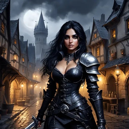 Prompt: Huge very detailed DnD fantasy landscape with a murky city, detailed houses and taverns, atmospheric lighting, highres, fantasy, detailed architecture, immersive, murky tones, medieval, mysterious, foggy, bustling city, detailed alleys, ancient buildings, moody atmosphere, with a small Detailed DnD fantasy art of a pretty heroic female dnd Rogue, Amita Suman facial twin, bonnie facial traits, Amita Suman body twin, black eyes, thick long tousled black hair, little cleavage, traditional detailed oil painting, intricate small black in black leather armor,  detailed black belts, dramatic lighting, dark vibrant colors, high quality, game-rpg style, epic high fantasy, traditional art, detailed black leather armor, dramatic dark lighting, heroic rogue, fascinating, high quality details, Rapier in the hand, murky urban medivial background