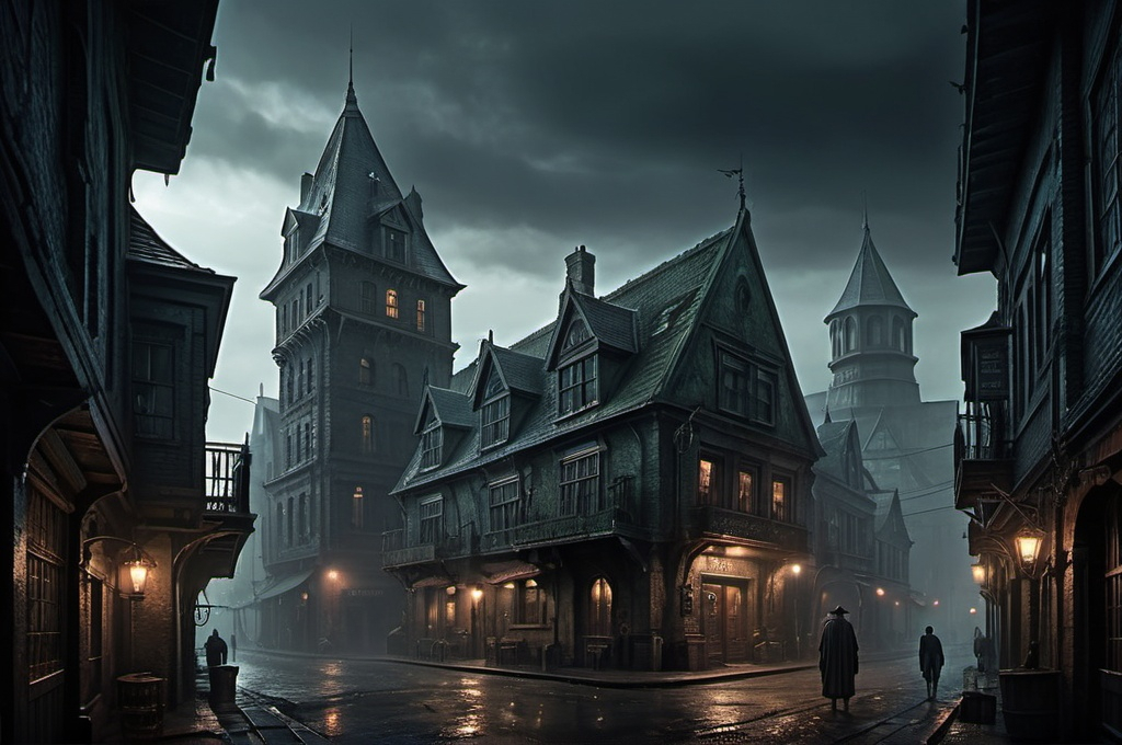 Prompt: Huge very detailed Cthulhu Dark fantasy landscape with a gloomy murky city, detailed houses and taverns, dark atmospheric lighting, highresolution, dark fantasy, detailed architecture, immersive, murky tones, dark eaarly 1920's mysterious, foggy, bustling city, detailed alleys, ancient buildings, moody atmosphere, few mystic people hided in the shadows...