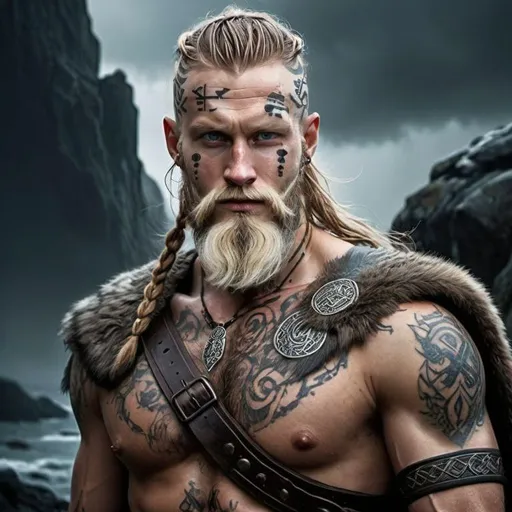Prompt: massive full blonde beard with viking pearls, nordic facial Tattoo
