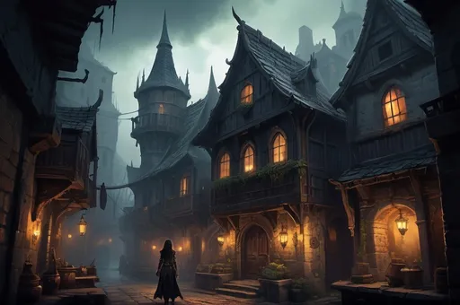 Prompt: A Huge very detailed DnD fantasy landscape with a murky city, detailed houses and taverns, atmospheric lighting, highres, fantasy, detailed architecture, immersive, murky tones, medieval, mysterious, foggy, bustling city, detailed alleys, ancient buildings, moody atmosphere with Amita Suman, Detailed DnD fantasy art of a pretty heroic female dnd Rogue, thick long tousled black hair, slim ripped and wiry body, traditional detailed painting, detailed intricate bellyfree black rogue armor, detailed black belts, dramatic lighting, vibrant colors, high quality, game-rpg style, epic high fantasy, traditional art, dramatic dark lighting, heroic rogue, fascinating, vibrant colors, high quality details, Dagger in the hand