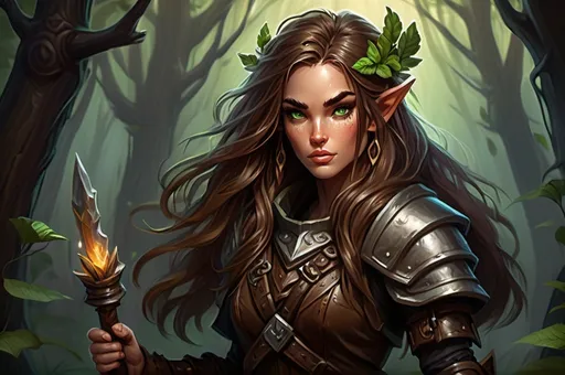 Prompt: Detailed DnD fantasy art of a pretty heroic female wood gnome druid, Megan Fox facial twin, cute facial traits, green eyes, thick long tousled syringa hair, little cleavage, traditional detailed oil painting, intricate small brown leather armor, detailed black belts, dramatic lighting, dark vibrant colors, high quality, game-rpg style, epic high fantasy, traditional art, detailed brown leather armor, dramatic dark lighting, heroic druid, fascinating, high quality details, wandering staff in the hand, in a murky forest background in a DnD fantasy landscape with detailed plants and trees, atmospheric lighting, highres, fantasy,  immersive, murky tones, medieval, mysterious, foggy, moody atmosphere, little birds flying around, dragonflies and butterflies flying around