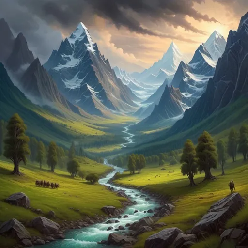 Prompt: Majestic landscape of Middle-earth, oil painting, towering mountains, lush forests, pristine rivers, epic cinematic quality, realistic fantasy, dark hour lighting, vibrant colors, dull atmospheric, detailed scenery, highres, cinematic, realistic fantasy, epic landscape, lush forests, towering mountains, oil painting, dark hour lighting, dull vibrant colors, walking orc army
