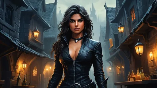 Prompt: Detailed DnD fantasy art of a pretty heroic female dnd Rogue, Priyanka Chopra facial twin urgent, stunning facial traits, Priyanka Chopra slender body twin, black eyes, thick long tousled darkbrown hair, small cleavage, slender body, traditional detailed oil painting, intricate small black in black leather armor,  detailed black belts, dramatic lighting, dark vibrant colors, high quality, game-rpg style, epic high fantasy, traditional art, detailed black leather armor, dramatic dark lighting, heroic rogue, fascinating, high quality details, Dagger in the hand in  a Huge very detailed DnD fantasy landscape with a murky city, detailed houses and taverns, atmospheric lighting, highres, fantasy, detailed architecture, immersive, murky tones, medieval, mysterious, foggy, bustling city, detailed alleys, ancient buildings, moody atmosphere
