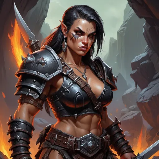 Prompt: Detailed DnD fantasy art of a heroic female dnd half orc barbarian, traditional detailed painting,  intricate small black leather armor, detailed black belts, dramatic lighting, vibrant colors, high quality, game-rpg style, epic fantasy, traditional art,  detailed dark leather armor, dramatic lighting, heroic barbarian, fascinating dry muscles, low body fat, vibrant colors, high quality details, 