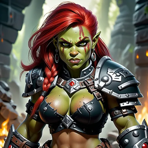 Prompt: Detailed DnD fantasy art of a cute pretty heroic female dnd half orc barbarian, lovely facial traits, green skin, red hair, boar teeth, detailed visible tusks, traditional detailed painting, intricate small black leather armor, detailed black belts, dramatic lighting, vibrant colors, high quality, game-rpg style, epic fantasy, traditional art, detailed dark leather armor, dramatic lighting, heroic barbarian, fascinating dry muscles, large biceps, strong underarms, low body fat, vibrant colors, high quality details, impressive warhammer in the hand