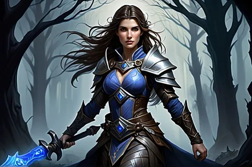 Prompt: Cobie Smulders, detailed DnD fantasy art of a pretty heroic female elven Selune cleric, bonnie facial traits, brown eyes, thick long tousled darkbrown hair, traditional detailed oil painting, intricate detailed darkblue full plate mail, midnightblue-silver shield with Selune symbol, detailed battlehammer in the hand, detailed black belts, Landscape with dramatic lighting, dark vibrant colors, high quality, game-rpg style, epic high fantasy, traditional art, dramatic dark lighting, heroic cleric, fascinating, high quality details, in a murky battlefield background surrounded by undeads, atmospheric lighting, highres, fantasy,  immersive, murky tones, medieval, mysterious, foggy, moody atmosphere, undead walking around