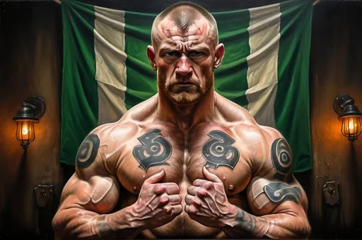 Prompt: Irish bareknuckle fighter, traditional oil painting, muscular build, many black celtic tattoos, bare hands, weathered face, intense expression, Irish flag in the background, raw and gritty style, earthy tones, dramatic lighting, traditional art, gritty, intense, muscular, traditional oil painting, Irish flag, dramatic lighting