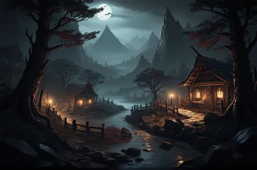 Prompt: Faerun Wooden Landscape with dramatic lighting, Dnd monsters who fight against adventurers, dark vibrant colors, high quality, game-rpg style, epic high fantasy, traditional art, dramatic dark lighting, fascinating, high quality details, in a murky background, atmospheric lighting, highres, fantasy,  immersive, murky tones, mysterious, foggy, moody atmosphere,