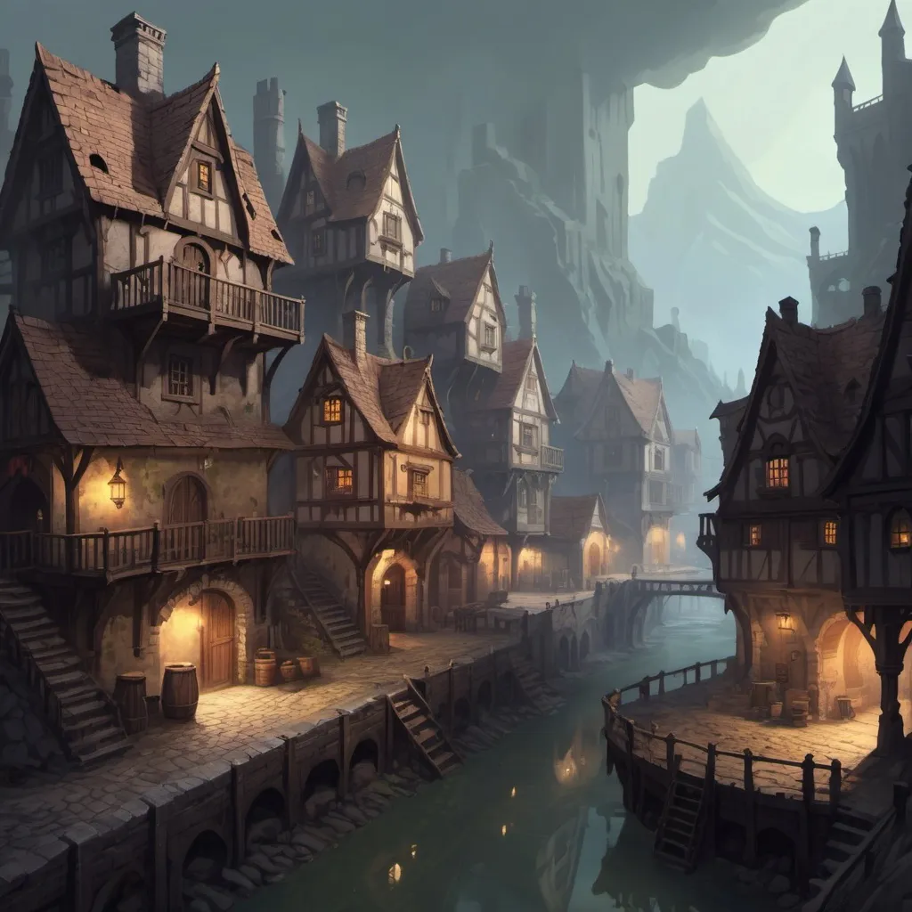 Prompt: DnD Fantasy landscape. City, Murky, Houses, Taverns