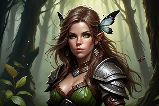 Prompt: Detailed DnD fantasy art of a pretty heroic female wood gnome druid, Kate BEckinsale facial twin, cute facial traits, green eyes, thick long tousled syringa hair, little cleavage, traditional detailed oil painting, intricate small brown leather armor, detailed black belts, dramatic lighting, dark vibrant colors, high quality, game-rpg style, epic high fantasy, traditional art, detailed brown leather armor, dramatic dark lighting, heroic druid, fascinating, high quality details, wandering staff in the hand, in a murky forest background in a DnD fantasy landscape with detailed plants and trees, atmospheric lighting, highres, fantasy,  immersive, murky tones, medieval, mysterious, foggy, moody atmosphere, little birds flying around, dragonflies and butterflies flying around