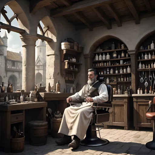 Prompt: Detailed DND elder barber in medieval city landscape, black hair with white skeins, barber clothes, standing next to the barber chair and barber equipment, murky lighting, medieval streets, medieval buildings, many inhabitants in background, high quality, detailed, medieval, fantasy, detailed hair, traditional, atmospheric lighting, detailed scenery