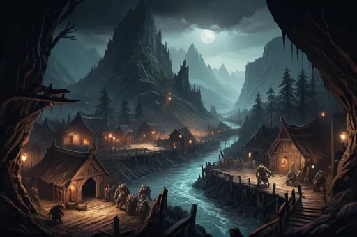 Prompt: Huge Faerun Wooden Landscape with dramatic lighting, rivers, Dnd monsters who fight against adventurers, dark vibrant colors, high quality, game-rpg style, epic high fantasy, traditional art, dramatic dark lighting, fascinating, high quality details, in a murky background, atmospheric lighting, highres, fantasy,  immersive, murky tones, mysterious, foggy, moody atmosphere, orcs are doing a break