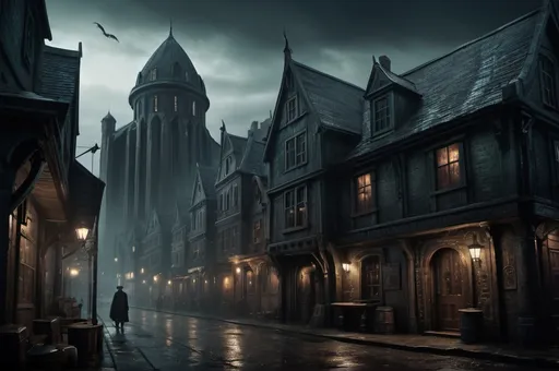 Prompt: Huge very detailed Cthulu Dark fantasy landscape with a gloomy murky city, detailed houses and taverns, dark atmospheric lighting, highresolution, dark fantasy, detailed architecture, immersive, murky tones, dark eaarly 1920's mysterious, foggy, bustling city, detailed alleys, ancient buildings, moody atmosphere