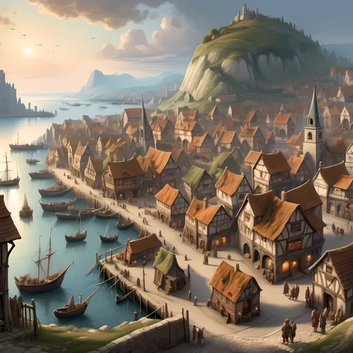 Prompt: Medieval fantasy landscape with bustling village and harbor, detailed architecture and cobblestone streets, lively townsfolk in period clothing, merchant ships docked, majestic castle on a hill, mystical fantasy lighting, high quality, detailed medieval architecture, bustling harbor, lively townsfolk, majestic castle, fantasy landscape, mystical lighting