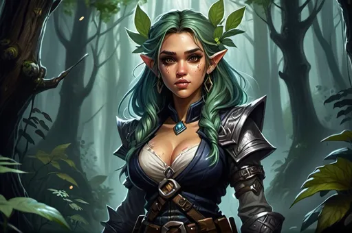 Prompt: Detailed DnD fantasy art of a pretty heroic female wood gnome druid, Jessica Alba facial twin, cute facial traits, black eyes, thick long tousled green hair, little cleavage, traditional detailed oil painting, intricate small brown leather armor, detailed black belts, dramatic lighting, dark vibrant colors, high quality, game-rpg style, epic high fantasy, traditional art, detailed brown leather armor, dramatic dark lighting, heroic rogue, fascinating, high quality details, wandering staff in the hand, in a murky forest background in a DnD fantasy landscape with detailed plants and trees, atmospheric lighting, highres, fantasy,  immersive, murky tones, medieval, mysterious, foggy, moody atmosphere