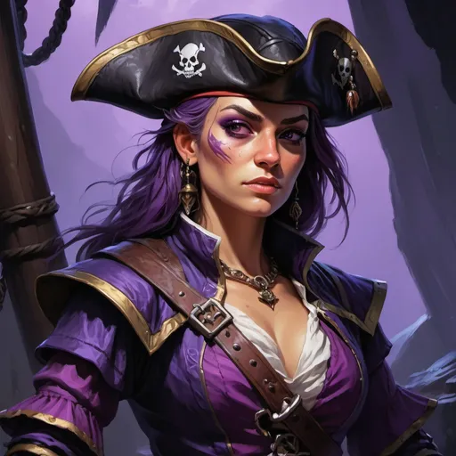 Prompt: Detailed DnD fantasy art of a heroic female Hafling pirate, traditional painting,  intricate black in purple clothing, dramatic lighting, vibrant colors, high quality, game-rpg style, epic fantasy, traditional art,  detailed dark clothes, dramatic lighting, heroic rogue, vibrant colors, high quality, small busts