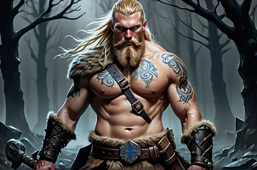 Prompt: Hafþór Júlíus Björnsson, Detailed DnD fantasy art of a heroic male Viking, blue eyes, thick long tousled blonde hair with undercut, traditional detailed oil painting, detailed nordic viking tattoos, detailed nordic rune facial tattoos, immensive full bearded, detailed massive intricate muscles, low body fat, intricate detailed small brown leather armour, detailed black belts, dramatic lighting, dark vibrant colors, high quality, game-rpg style, epic high fantasy, traditional art, dramatic dark lighting, heroic cleric, fascinating, high quality details, battlehammer in the hand, in a murky battlefield background, atmospheric lighting, highres, fantasy,  immersive, murky tones, medieval, mysterious, foggy, moody atmosphere, undead walking around