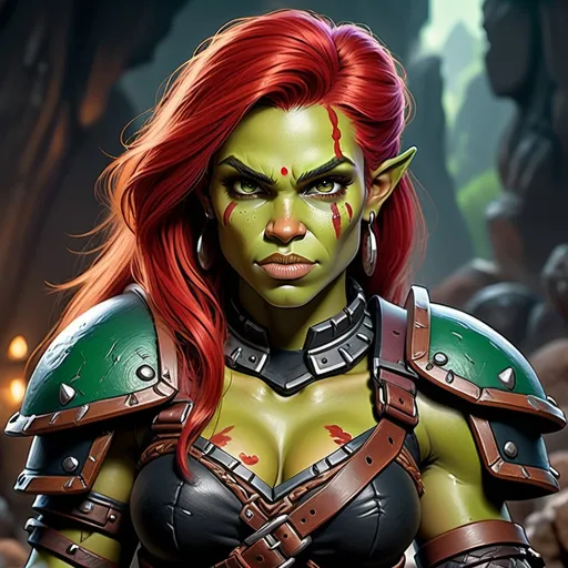 Prompt: Detailed DnD fantasy art of a cute pretty heroic female dnd half orc barbarian, lovely facial traits, green skin, red hair, detailed visible boar teeth at the mouth, detailed visible tusks at the mouth, traditional detailed painting, intricate small black leather armor, detailed black belts, dramatic lighting, vibrant colors, high quality, game-rpg style, epic fantasy, traditional art, detailed dark leather armor, dramatic lighting, heroic barbarian, fascinating dry muscles, large biceps, strong underarms, low body fat, vibrant colors, high quality details, impressive warhammer in the hand