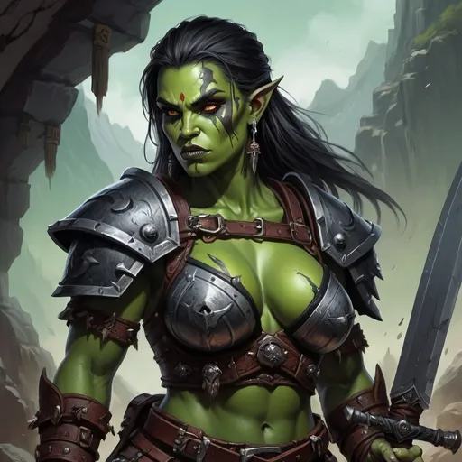 Prompt: Detailed DnD fantasy art of a heroic female dnd half orc barbarian, green skin, traditional detailed painting,  intricate small black leather armor, detailed black belts, dramatic lighting, vibrant colors, high quality, game-rpg style, epic fantasy, traditional art,  detailed dark leather armor, dramatic lighting, heroic barbarian, fascinating dry muscles, low body fat, vibrant colors, high quality details, impressive warhammer