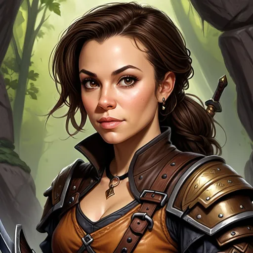 Prompt: Alyssa Milano, Detailed DnD fantasy art of a pretty heroic female dnd Halfling Rogue, lovely facial traits, dark brown hair,  traditional detailed painting, intricate small brown leather armor,  detailed black belts, dramatic lighting, vibrant colors, high quality, game-rpg style, epic high fantasy, traditional art, detailed leather armor, dramatic dark lighting, heroic rogue, fascinating, vibrant colors, high quality details, Rapier