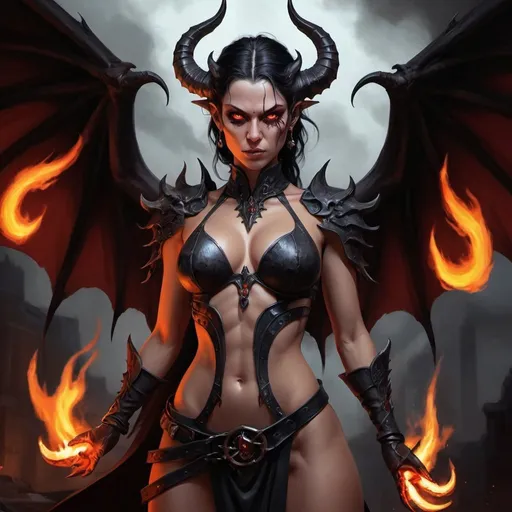 Prompt: Detailed digital painting of full body female Baldur's Gate 3 Demon Mizora, Anya Chalotra, stunning pretty but mean facial traits, grey skin, leathery huge and black demonwings, eight-pack bellyfree corsage, fiery and ominous atmosphere, high quality, digital painting, menacing demonic features, glowing eyes, intense expression, swirling background flames, dark and foreboding color tones, intricate horns, fiery backdrop, dramatic lighting