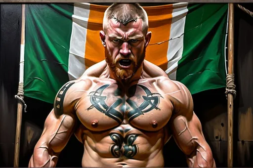 Prompt: Irish bareknuckle fighter, traditional oil painting, muscular build, many black celtic tattoos, bare hands, weathered face, intense expression, Irish flag in the background, raw and gritty style, earthy tones, dramatic lighting, traditional art, gritty, intense, muscular, traditional oil painting, Irish flag, dramatic lighting