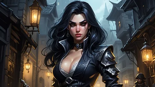 Prompt: Detailed DnD fantasy art of a pretty heroic female dnd Rogue, Alice Hewkin facial twin, bonnie facial traits, Alice Hewkin body twin, black eyes, thick long tousled black hair, little cleavage, traditional detailed oil painting, intricate small Black in black leather armor,  detailed black belts, dramatic lighting, dark vibrant colors, high quality, game-rpg style, epic high fantasy, traditional art, detailed black leather armor, dramatic dark lighting, heroic rogue, fascinating, high quality details, Dagger in the hand, in a murky urban background in a DnD fantasy landscape with a murky city, detailed houses and taverns, atmospheric lighting, highres, fantasy, detailed architecture, immersive, murky tones, medieval, mysterious, foggy, bustling city, detailed alleys, ancient buildings, moody atmosphere