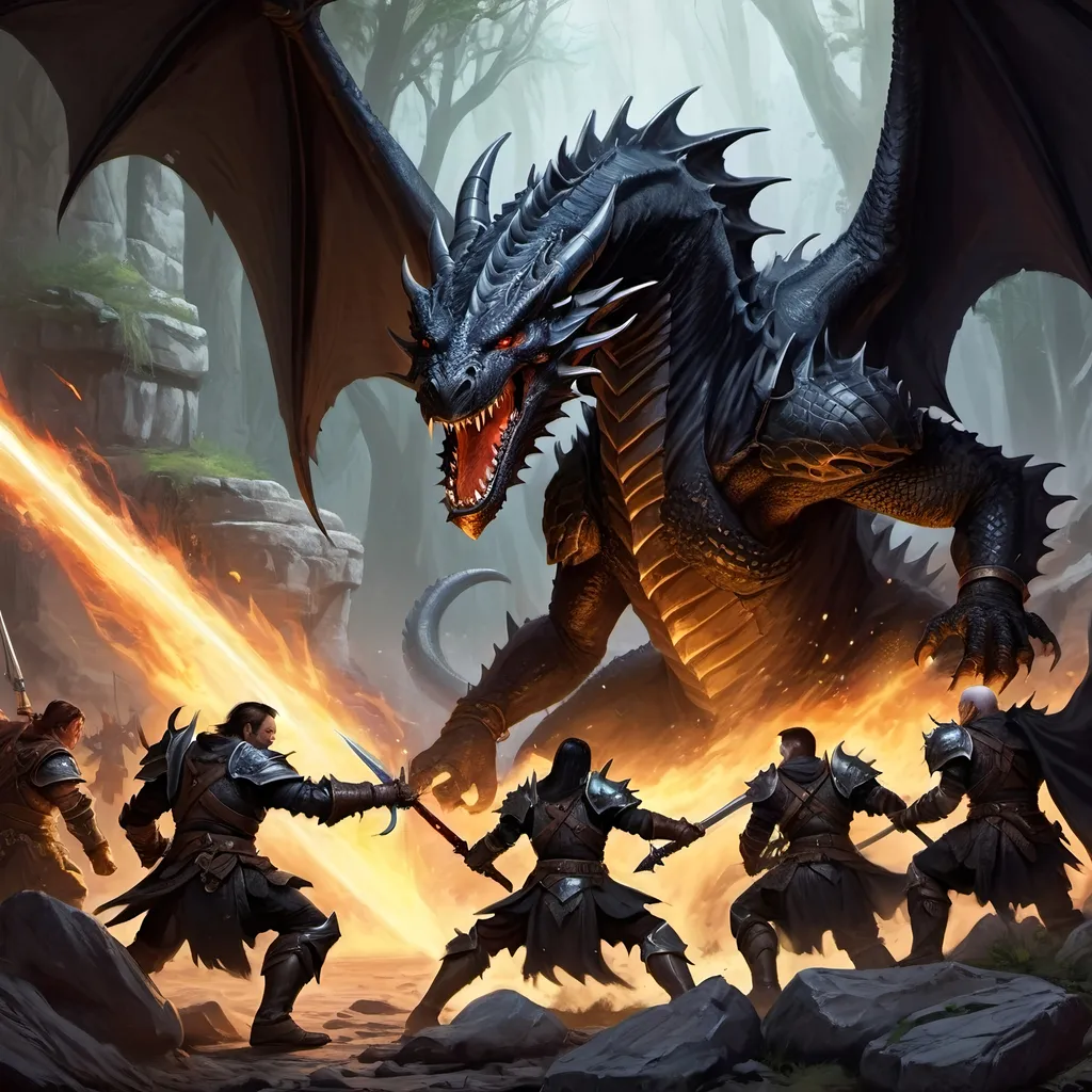 Prompt: High detailed Dungeons & Dragons adventure group in fierce combat with a black dragon, digital painting, detailed armor and weapons, epic fantasy setting, intense action scene, high quality, fantasy, digital painting, detailed armor, intense action, epic fantasy, combat, trolls, elaborate weapons, dramatic lighting