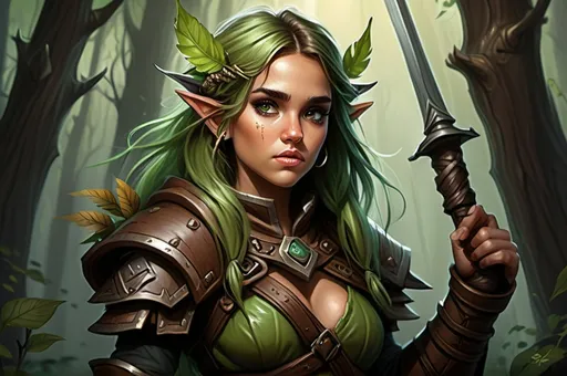 Prompt: Detailed DnD fantasy art of a pretty heroic female wood gnome druid, Jessica Alba facial twin, cute facial traits, green eyes, thick long tousled green hair, little cleavage, traditional detailed oil painting, intricate small brown leather armor, detailed black belts, dramatic lighting, dark vibrant colors, high quality, game-rpg style, epic high fantasy, traditional art, detailed brown leather armor, dramatic dark lighting, heroic druid, fascinating, high quality details, wandering staff in the hand, in a murky forest background in a DnD fantasy landscape with detailed plants and trees, atmospheric lighting, highres, fantasy,  immersive, murky tones, medieval, mysterious, foggy, moody atmosphere, little birds flying around, dragonflies and butterflies flying around