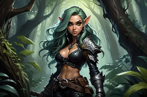 Prompt: Detailed DnD fantasy art of a pretty heroic female wood gnome druid, Jessica Alba facial twin, cute facial traits, black eyes, thick long tousled green hair, little cleavage, traditional detailed oil painting, intricate small brown leather armor, detailed black belts, dramatic lighting, dark vibrant colors, high quality, game-rpg style, epic high fantasy, traditional art, detailed brown leather armor, dramatic dark lighting, heroic rogue, fascinating, high quality details, wandering staff in the hand, in a murky forest background in a DnD fantasy landscape with detailed plants and trees, atmospheric lighting, highres, fantasy,  immersive, murky tones, medieval, mysterious, foggy, moody atmosphere, little birds flying around, dragonflies and butterflies flying around