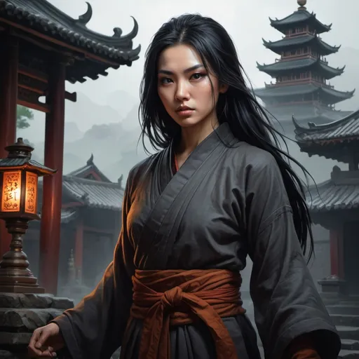 Prompt: Gwendolyne Yeo, detailed DnD fantasy art of a heroic female human monk, black eyes, thick long tousled black hair, undercut, traditional detailed oil painting, intricate detailed full fabric clothes, detailed black belts, Landscape with dramatic lighting, dark vibrant colors, high quality, game-rpg style, epic high fantasy, traditional art, dramatic dark lighting, heroic monk, fascinating, high quality details, in a murky asian temple background surrounded by other training monks, atmospheric lighting, highres, fantasy,  immersive, murky tones, medieval, mysterious, foggy, moody atmosphere, 