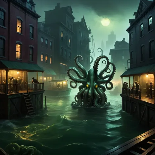 Prompt: Arkham Horror huge new york harbour landscape with many 1920's buildings and with dramatic lighting, H.P. Lovecraft athmosphere, dark vibrant colors, high quality, game-rpg style, epic high fantasy, traditional art, dramatic dark lighting, fascinating, high quality details, in a murky 1920#s American background surrounded by other people, atmospheric lighting, highres, fantasy, immersive, murky tones, mysterious, foggy, moody atmosphere, swimming horror green with yellow shadows tiny-red-eyed octopus is attacking the dock workers, Investigators are shooting at the octopus