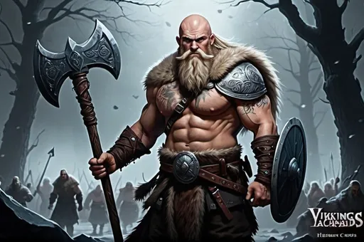 Prompt: Bas Rutten, Detailed DnD fantasy art of a heroic dnd viking, immensive thick long blonde exuberant hair, grey eyes, slim ripped and muscular, immensive full-bearded, slender and withy body, nordic tattoos, facial nordic tatoos, traditional detailed painting, detailed intricate fantasy barbarian fur and leather armour, dramatic lighting, vibrant colors, high quality, game-rpg style, epic high fantasy, traditional art, dramatic dark lighting, fascinating, dark gloomy vibrant colors, high quality details, small shoulder armor, small bracers, all clothes and armours in brown and black, a huge battle-axe in the right hand, a viking shield in the left hand, in a huge very detailed DnD fantasy battlefield landscape with a murky ambiente, atmospheric lighting, highres, immersive, murky tones, medieval, mysterious, foggy, gloomy moody atmosphere, various habitans in the city background