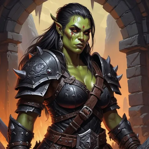 Prompt: Detailed DnD fantasy art of a heroic female dnd half orc barbarian, traditional detailed painting,  intricate black leather armor, detailed black in black belts, dramatic lighting, vibrant colors, high quality, game-rpg style, epic fantasy, traditional art,  detailed dark leather armor, dramatic lighting, heroic barbarian, vibrant colors, high quality details, 