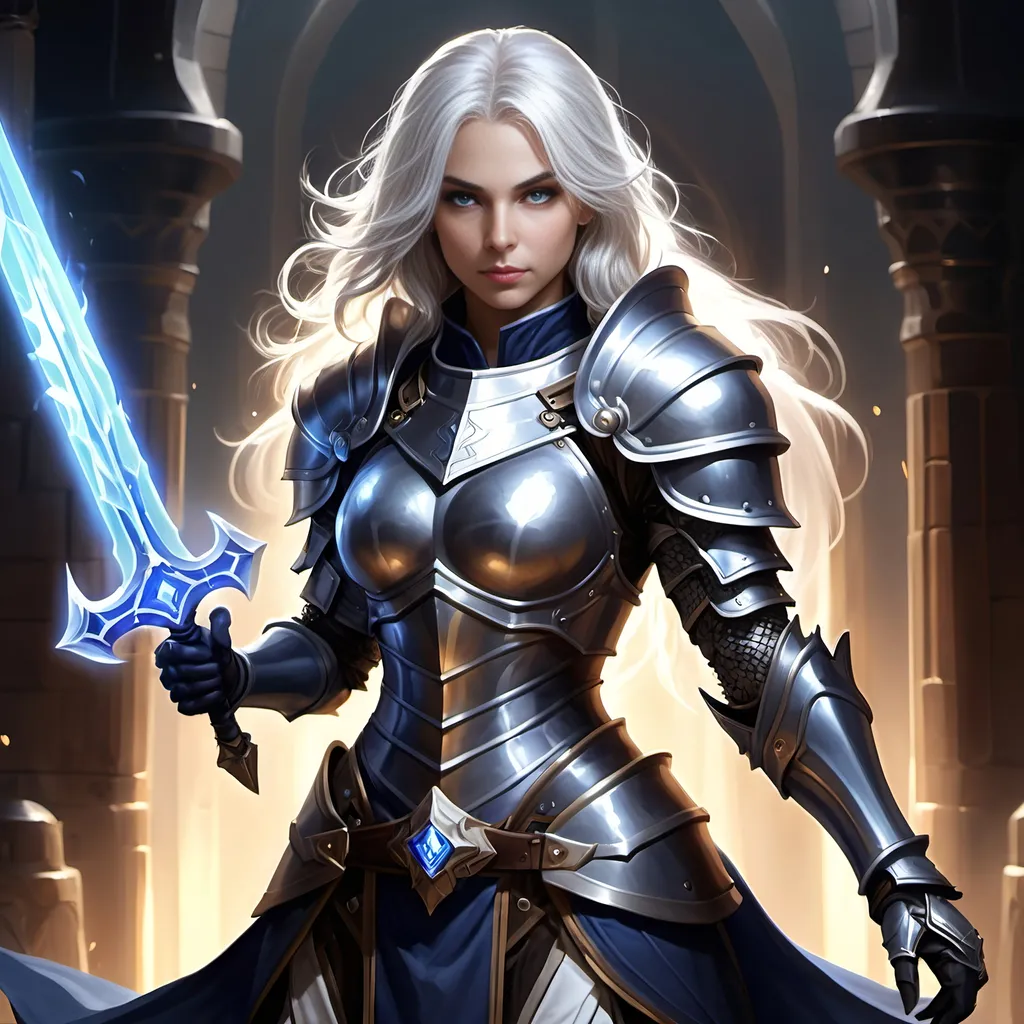 Prompt: D&D Fantasy illustration of a female cleric in darkblue full plate armor, overhelming and stunning beautiful and cute facial traits, slender cheeks, full body, immensive thick tousled white hair, radiant glowing eyes, mystical holy symbols engraved on armor, ethereal glow surrounding her, high quality, detailed armor, Battlehammer in the right hand, fantasy, radiant, grey eyes, mystical, ethereal, full plate armor, female cleric, detailed, radiant glow, enchanted, professional lighting