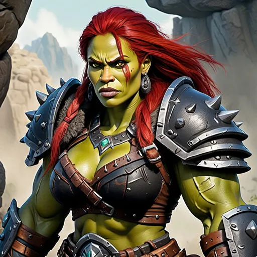 Prompt: Dwayne Johnson as female Orc, Detailed DnD fantasy art of a heroic female half orc barbarian, lovely facial traits, green skin, red hair, detailed outstanding visible boar teeth at the mouth, detailed outstanding visible tusks at the mouth, traditional detailed painting, intricate small black leather armor, detailed black belts, dramatic lighting, vibrant colors, high quality, game-rpg style, epic fantasy, traditional art, detailed dark leather armor, dramatic lighting, heroic barbarian, fascinating dry muscles, large biceps, strong underarms, low body fat, vibrant colors, high quality details, impressive warhammer in the hand