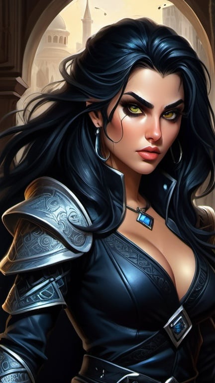 Prompt: Detailed DnD fantasy art of a pretty heroic female dnd Rogue, Amita Suman facial twin, bonnie facial traits, darkgreen eyes, thick long tousled black hair, traditional detailed oil painting, intricate small black leather armor,  detailed black belts, dramatic lighting, dark vibrant colors, high quality, game-rpg style, epic high fantasy, traditional art, detailed black leather armor, dramatic dark lighting, heroic rogue, fascinating, high quality details, Dagger, murky urban arabic background