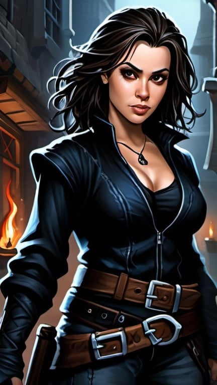 Prompt: Alyssa Milano, Detailed DnD fantasy art of a young heroic female dnd Halfling Assassin, many thick long tousled dark brown hair, traditional detailed painting, intricate small black leather vest, dark chemise, detailed black belts, murky lighting, dark vibrant colors, high quality, game-rpg style, epic high fantasy, traditional art, detailed black fabric armor, dramatic dark lighting, heroic Assassin, fascinating, dark vibrant colors, high quality details, high quality detailed medivial urban background