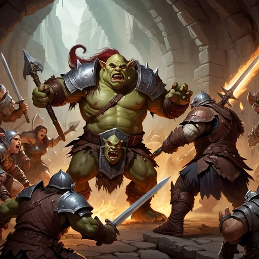 Prompt: Dungeons & Dragons adventure group in fierce combat with an ogre, digital painting, detailed armor and weapons, epic fantasy setting, intense action scene, high quality, fantasy, digital painting, detailed armor, intense action, epic fantasy, combat, trolls, elaborate weapons, dramatic lighting