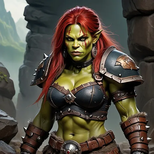 Prompt: Meg Ryan as female Orc, Detailed DnD fantasy art of a heroic female half orc barbarian, lovely facial traits, green skin, red hair, detailed outstanding visible boar teeth at the mouth, detailed outstanding visible tusks at the mouth, traditional detailed painting, intricate small black leather armor, detailed black belts, dramatic lighting, vibrant colors, high quality, game-rpg style, epic fantasy, traditional art, detailed dark leather armor, dramatic lighting, heroic barbarian, fascinating dry muscles, large biceps, strong underarms, low body fat, vibrant colors, high quality details, impressive warhammer in the hand