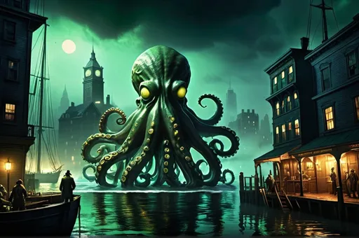 Prompt: Arkham Horror huge new york harbour landscape with many 1920's buildings and with dramatic lighting, H.P. Lovecraft athmosphere, dark vibrant colors, high quality, game-rpg style, epic high fantasy, traditional art, dramatic dark lighting, fascinating, high quality details, in a murky 1920#s American background surrounded by other people, atmospheric lighting, highres, fantasy, immersive, murky tones, mysterious, foggy, moody atmosphere, swimming horror green with yellow shadows octopus with slim eyes with small eyes, is attacking the dock workers, Investigators are shooting at the octopus