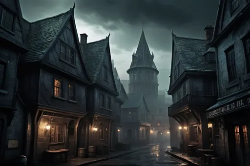 Prompt: Huge very detailed Cthulu Dark fantasy landscape with a gloomy murky city, detailed houses and taverns, dark atmospheric lighting, highresolution, dark fantasy, detailed architecture, immersive, murky tones, dark eaarly 1920's mysterious, foggy, bustling city, detailed alleys, ancient buildings, moody atmosphere