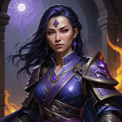 Prompt: Detailed DnD fantasy art of a heroic female dnd yuan-ti cleric, traditional detailed painting,  intricate black in Darkblue purple gown detailed black in black belts, dramatic lighting, vibrant colors, high quality, game-rpg style, epic fantasy, traditional art,  detailed dark leather armor, dramatic lighting, heroic cleric, vibrant colors, high quality details, 