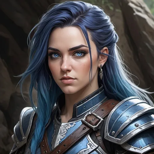 Prompt: Alissa White-Gluz, Detailed DnD fantasy art of a heroic female DnD Air Genasi Ranger, bonnie facial traits, many thick long tousled dark blue hair, lightblue grey teint, blue stripes at the skin, blue eyes, traditional detailed painting, intricate small black leather armor, black tunic, detailed black belts, dramatic lighting, vibrant colors, high quality, game-rpg style, epic fantasy, traditional art, detailed leather armor, dramatic lighting, heroic ranger, fascinating, vibrant dark colors, high quality details