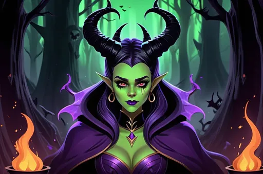 Prompt: Animatic Maleficent-inspired, dark fantasy illustration of a powerful animated Disney sorceress, Jessica Alba, cute facial traits, green skin, green teint, red lips, evil laughing, high cheekbones, ominous and magical atmosphere, rich dull purple and black tones, murky mystical forest setting, intricate and detailed horns, piercing and intense gaze, flowing and dramatic purple cloak, high-quality, digital painting, fantasy, dark tones, magical, detailed horns, powerful sorceress, atmospheric lighting, skulls and bones laying around, huge cauldron with green liquid and black steam