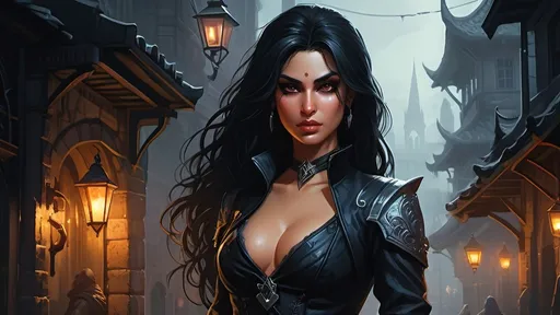 Prompt: Detailed DnD fantasy art of a pretty heroic female dnd Assassin, Amita Suman facial twin urgent, stunning facial traits, Amita Suman slender body twin, black eyes, thick long tousled black hair, small cleavage, slender body, traditional detailed oil painting, intricate small black in black leather armor,  detailed black belts, dramatic lighting, dark vibrant colors, high quality, game-rpg style, epic high fantasy, traditional art, detailed black leather armor, dramatic dark lighting, heroic assassin, fascinating, high quality details, Dagger in the hand in  a Huge very detailed DnD fantasy landscape with a murky city, detailed houses and taverns, atmospheric lighting, highres, fantasy, detailed architecture, immersive, murky tones, medieval, mysterious, foggy, bustling city, detailed alleys, ancient buildings, moody atmosphere