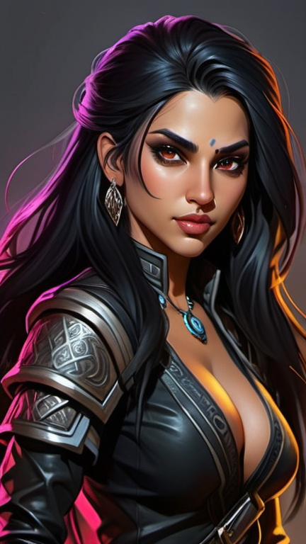 Prompt: Amita Suman, Detailed DnD fantasy art of a pretty heroic female dnd Rogue, lovely facial traits, thick long tousled black hair, traditional detailed painting, intricate small black leather armor,  detailed black belts, dramatic lighting, vibrant colors, high quality, game-rpg style, epic high fantasy, traditional art, detailed black leather armor, dramatic dark lighting, heroic rogue, fascinating, vibrant colors, high quality details, Dagger